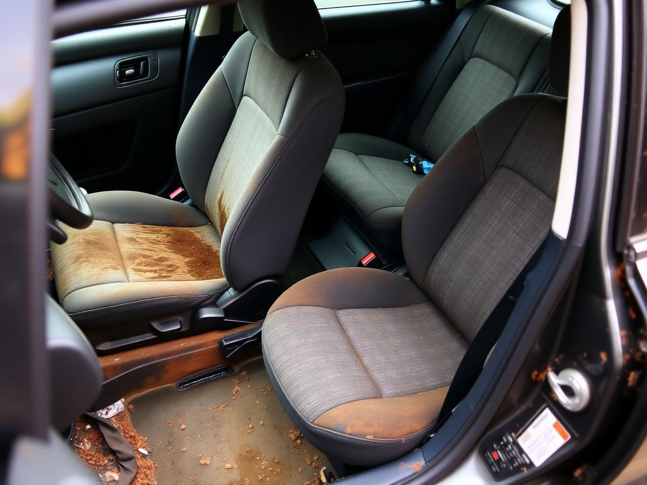 Stained car seats and dirty footwell before cleaning