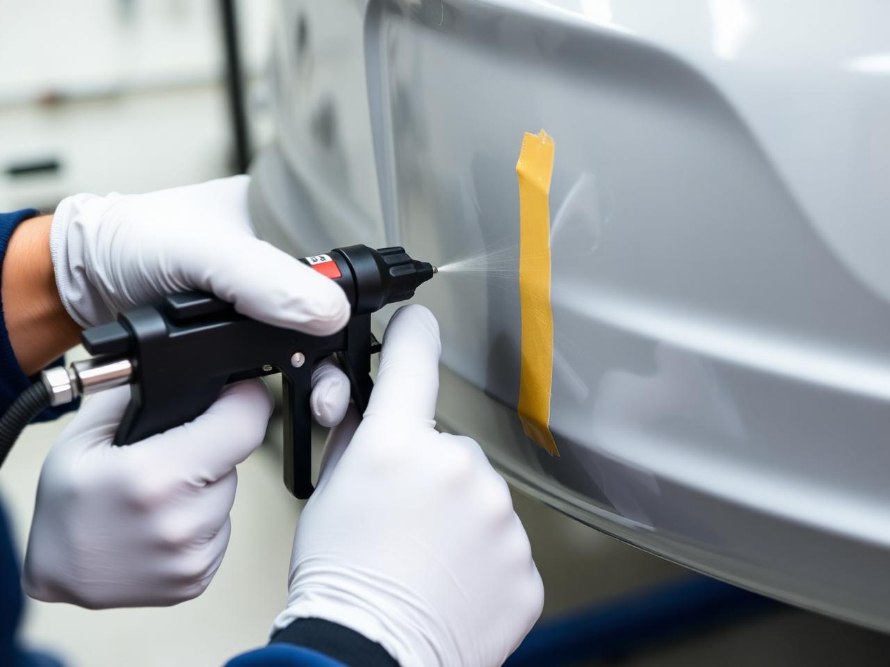 Technician blending colour-matched paint into a bumper scuff
